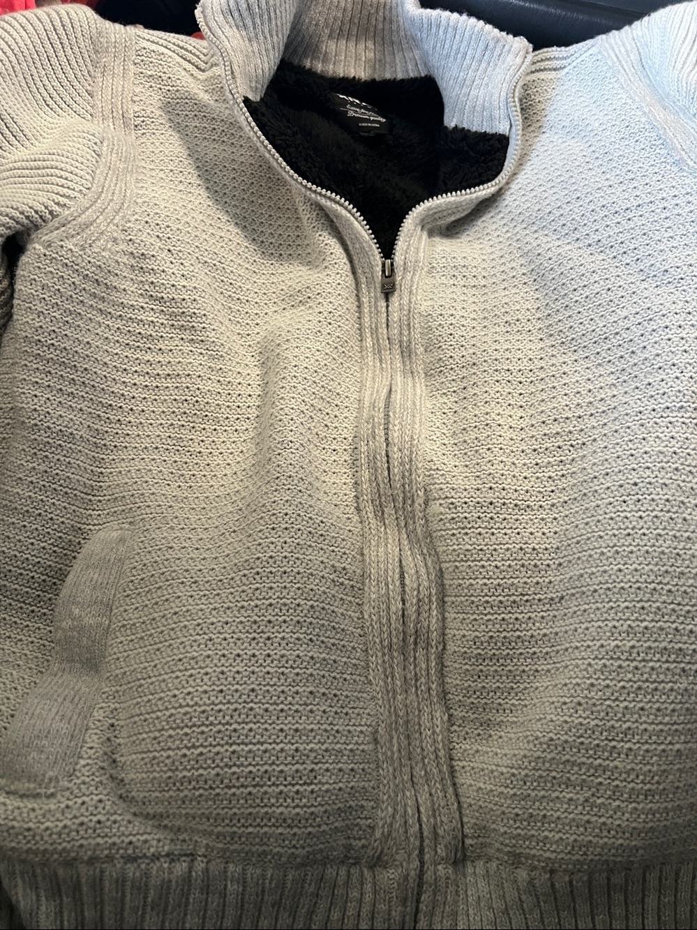 Women's Light Gray Knit Zip Cardigan with Sherpa Lining